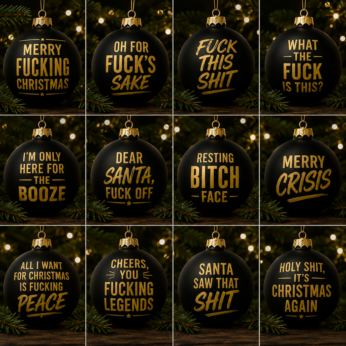 TYIIPLUS™ Naughty Christmas Ornaments – Funny Swear Word Baubles for Adults, Black & Gold Christmas Tree Decorations